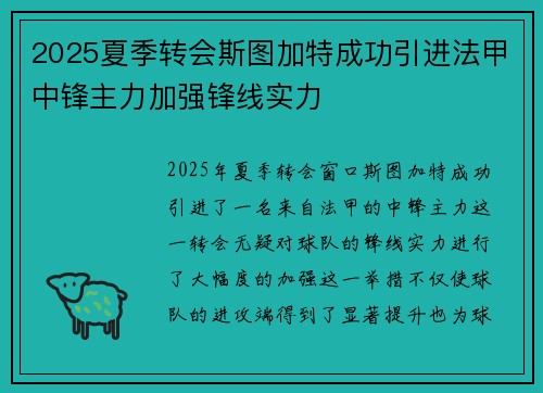 2025夏季转会斯图加特成功引进法甲中锋主力加强锋线实力