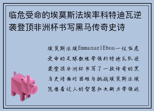 临危受命的埃莫斯法埃率科特迪瓦逆袭登顶非洲杯书写黑马传奇史诗